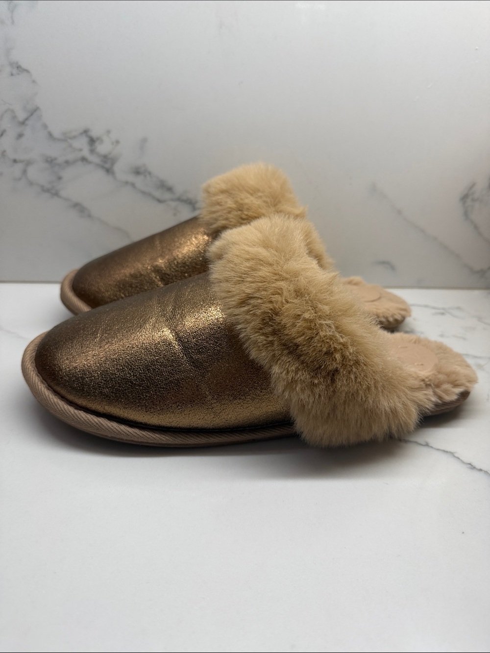 Anthropologie Cozy Metallic Bronze Faux-Fur Slip-On Slippers